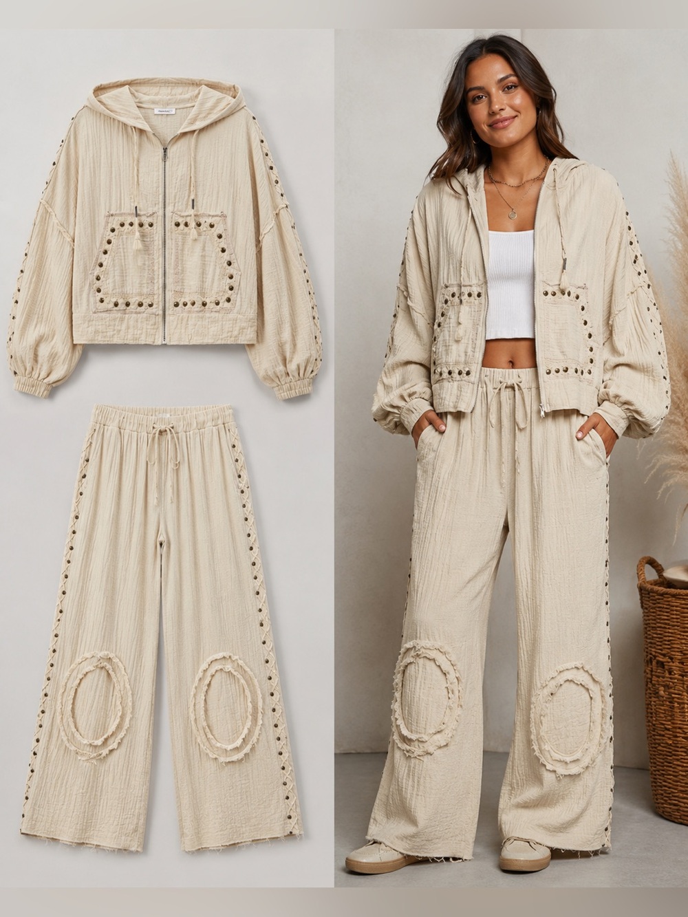 POL Cream Boho Textured Studded Hooded Jacket & Wide Leg Pants Set